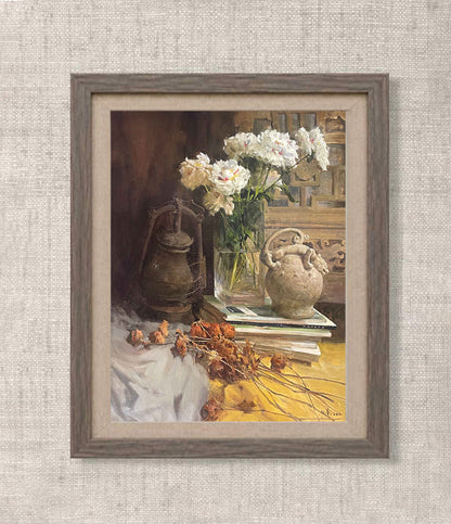 Book Fragrance No. 15 | White Flowers, Books, and Vintage Vase Original Oil Painting