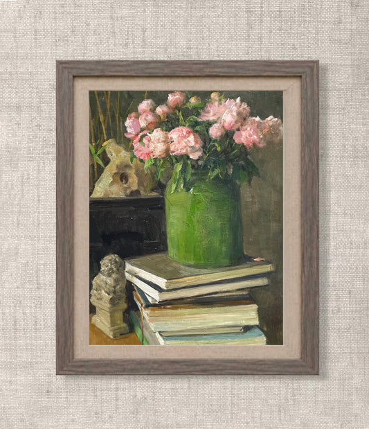 Book Fragrance No. 5 – Books and Peonies Original Oil Painting