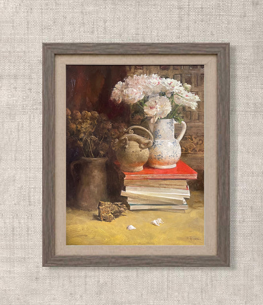 White Flowers, Books and Vintage Pot Original Oil Painting