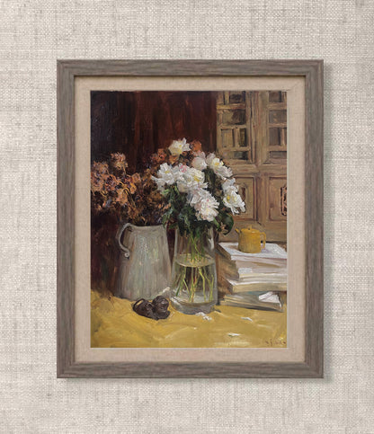 White Flowers, Books and Yellow Teapot Original Oil Painting
