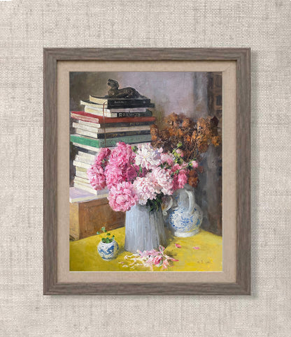 Original Still Life Oil Painting with Pink Peonies and Books