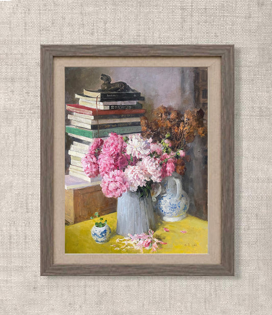 Original Still Life Oil Painting with Pink Peonies and Books
