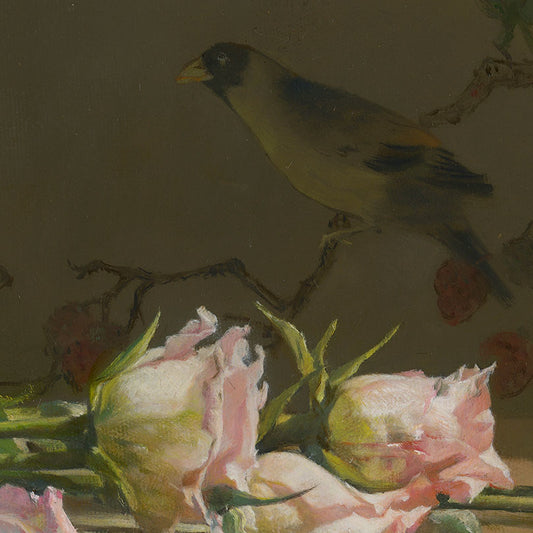 Roses with Bird Motif | Original Still Life Oil Painting