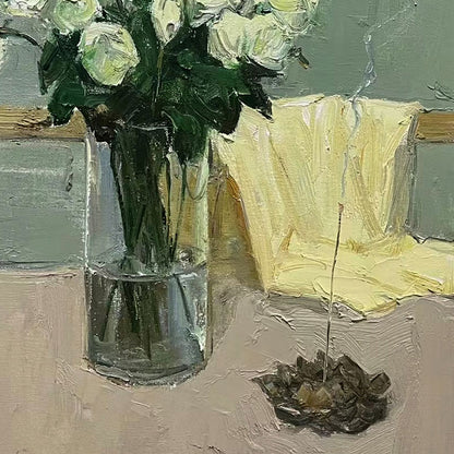 Interior Still Life with White Roses | Original Oil Painting