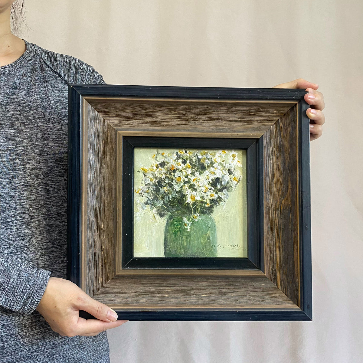 White Daisy Flowers in Glass Vase – Original Flower Oil Painting