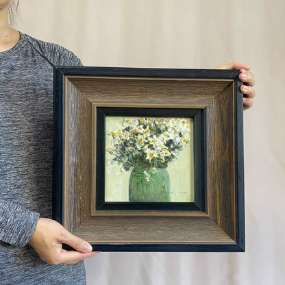White Daisy Flowers in Glass Vase – Original Flower Oil Painting