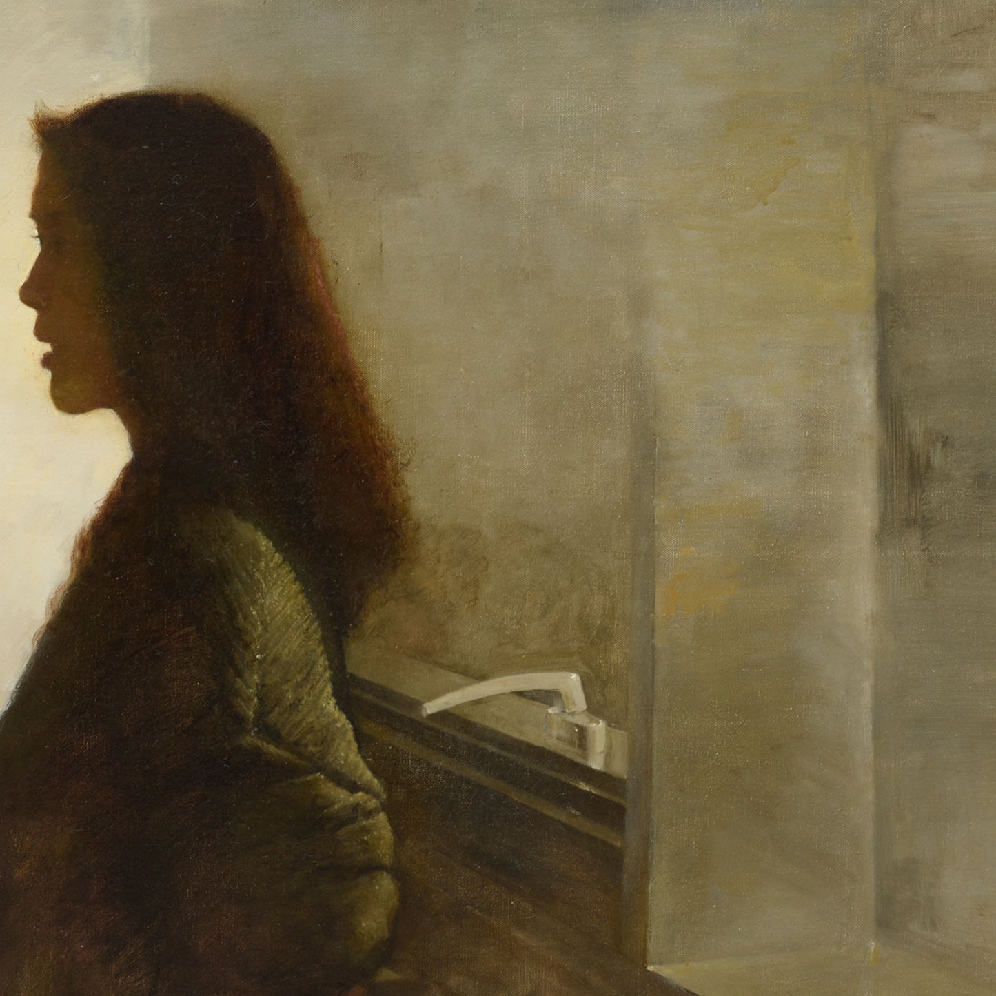 Original Figurative Oil Painting – Quiet Female Profile Interior Wall Art