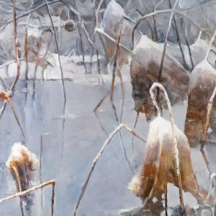 Snow-Covered Lotus Pond | Original Oil Painting