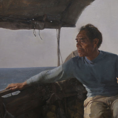 Seated Man in a Boat Cabin | Original Figurative Oil Painting