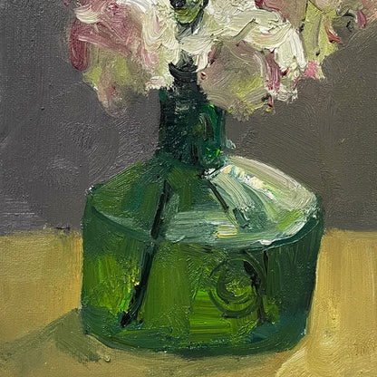 Soft Pink Flowers in Green Glass Bottle | Original Oil Painting