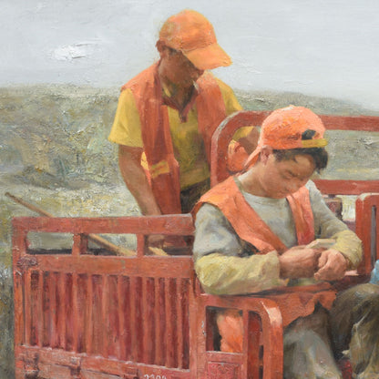 Original Figurative Oil Painting – Workers and Motorcycle Scene Wall Art
