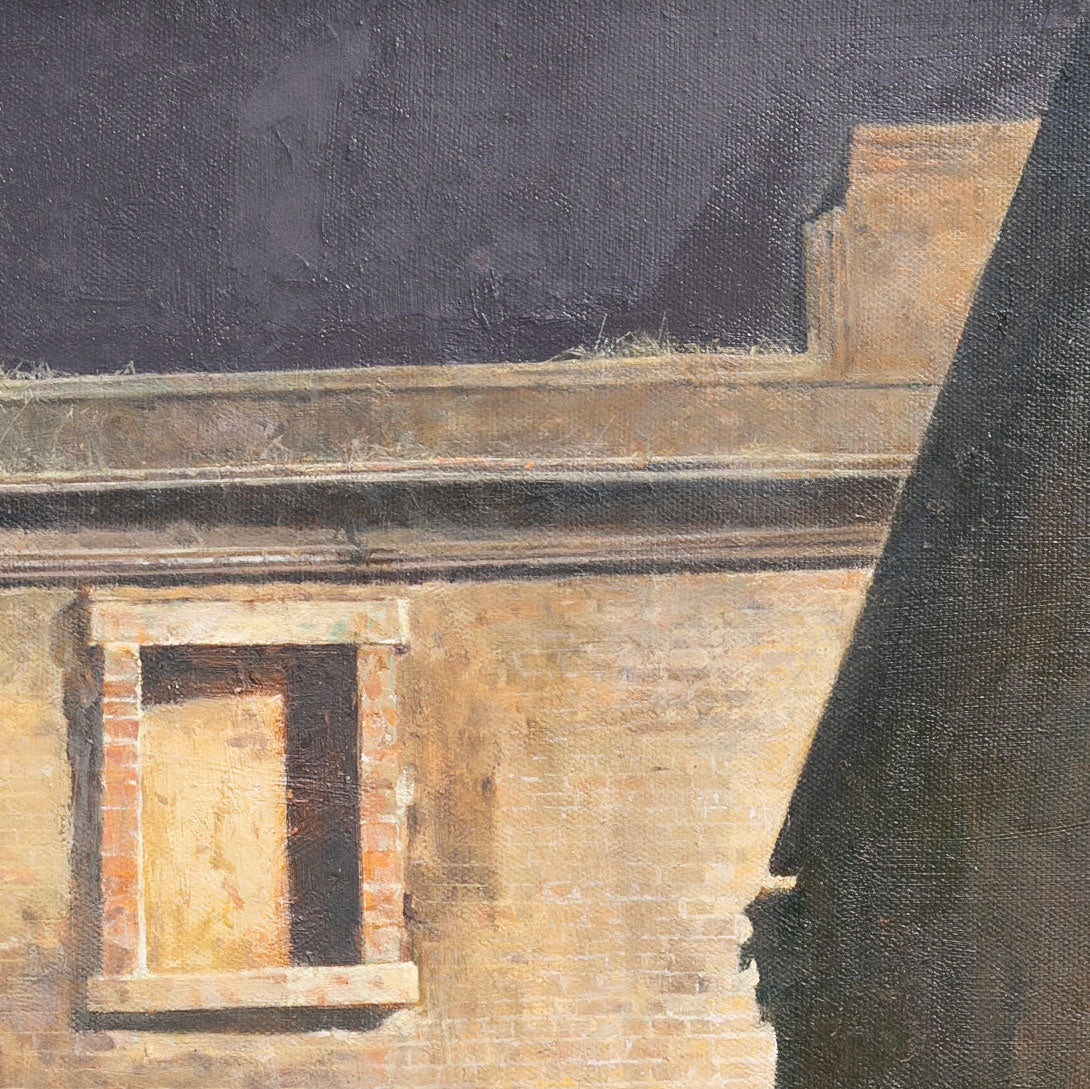 Original Oil Painting of Sunlit Building – Architectural Light and Shadow Wall Art