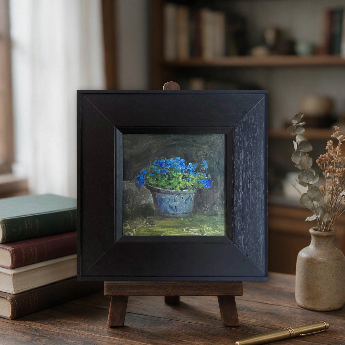 Blue Flowers in a Ceramic Pot – Original Floral Oil Painting