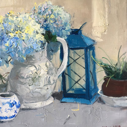 Blue Hydrangeas with Blue Lantern | Original Floral Still Life Oil Painting