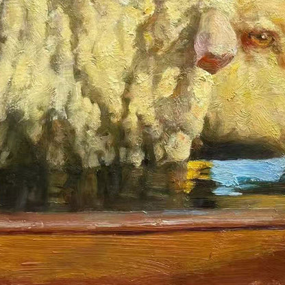 Original Oil Painting of Sheep Drinking Water – Pastoral Animal Wall Art