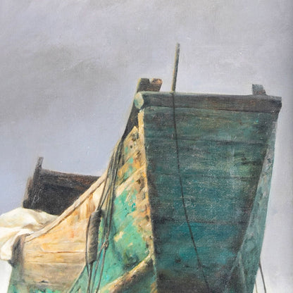 Original Oil Painting of Weathered Boat – Vertical Moody Coastal Wall Art