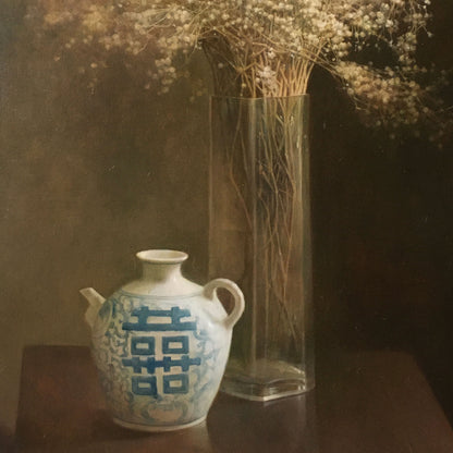 Original Baby’s Breath Still Life Oil Painting – Oriental Vase Floral Wall Art
