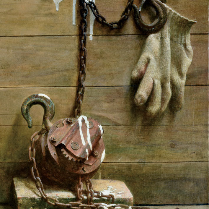 Original Still Life Oil Painting of Gloves and Chain – Industrial Wall Art