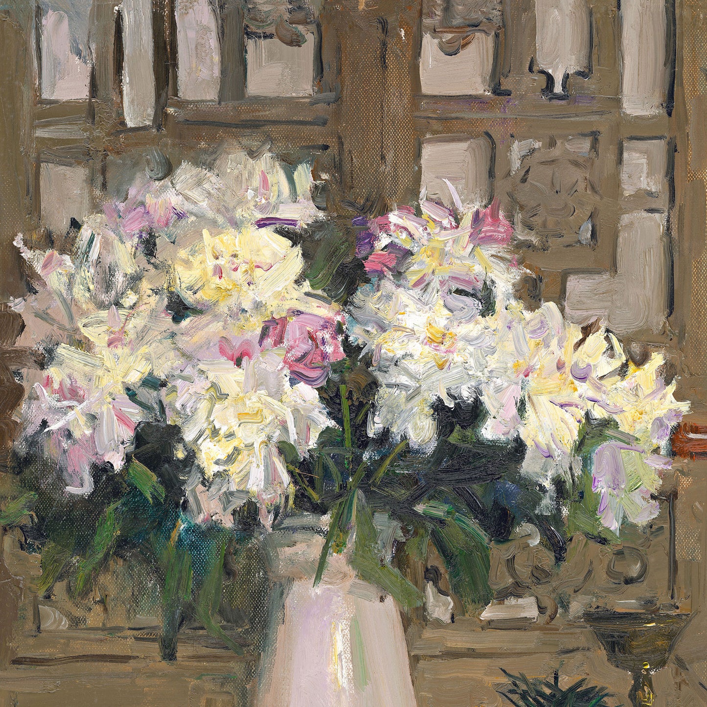 Original Floral Still Life Oil Painting – Flowers in Vase Interior Wall Art
