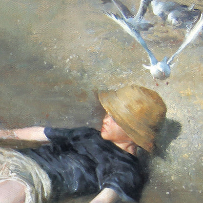 Boy on the Beach with Seagulls | Original Figurative Oil Painting