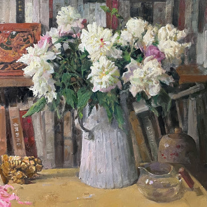 Original Floral Still Life Oil Painting – Flowers with Bookshelf Interior Wall Art