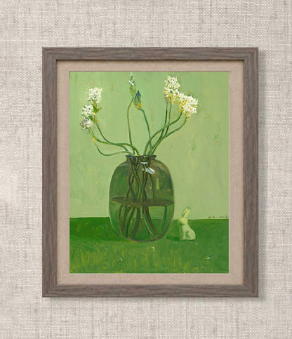 White Flowers on Green Ground | Original Still Life Oil Painting