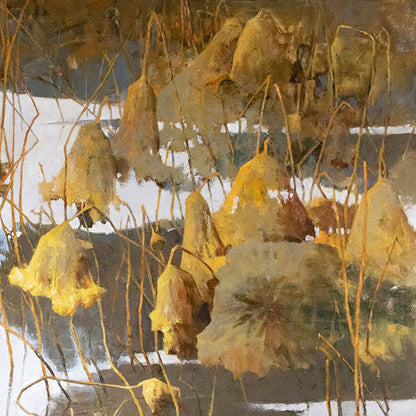 Autumn Lotus Pond with Dried Leaves | Original Oil Painting