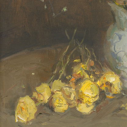 Flowers and Yellow Fruit on Table | Original Oil Painting
