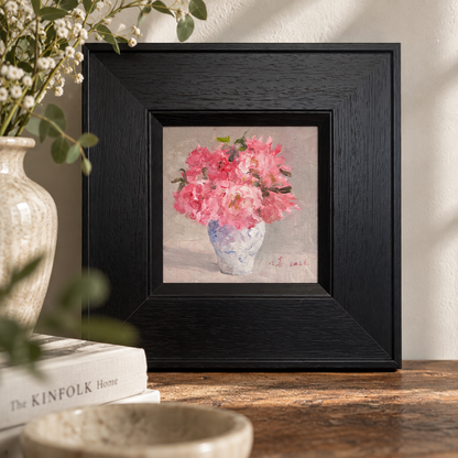 Pink Flowers in a Blue Vase – Original Flower Oil Painting for Home Decor
