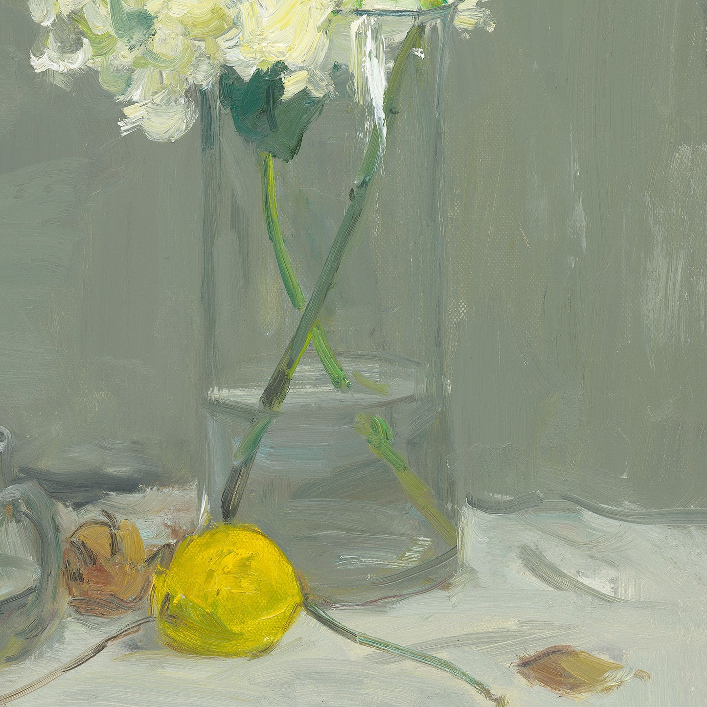 White Flowers in Glass Vase with Lemon | Original Oil Painting