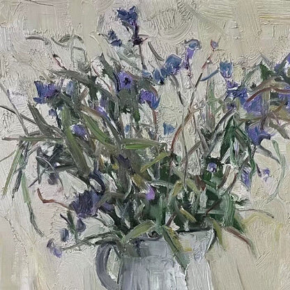 Still Life with Blue Flowers and Porcelain Jar | Original Oil Painting
