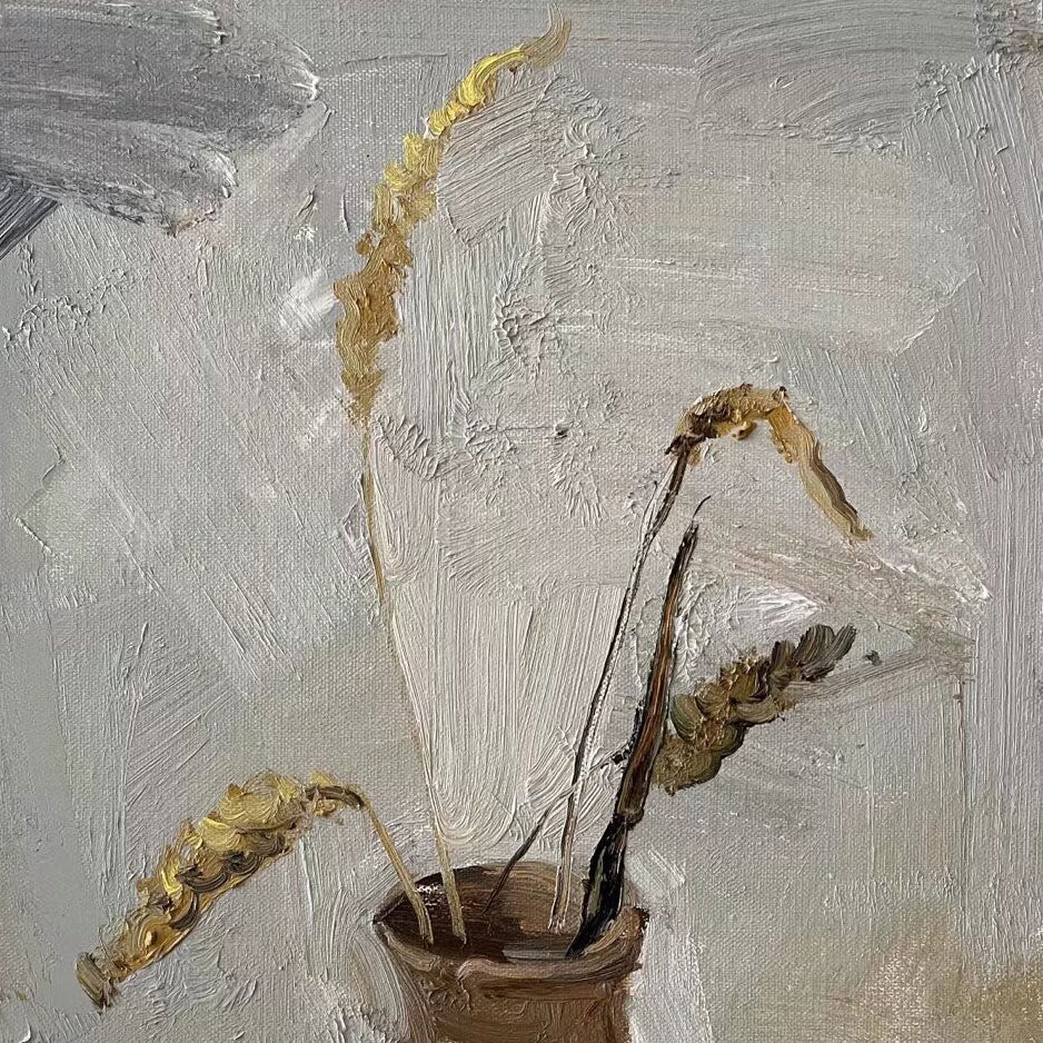 Original Minimal Still Life Oil Painting – Dried Grass in Ceramic Vase