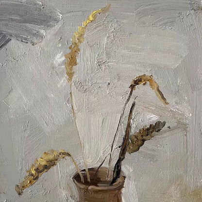 Original Minimal Still Life Oil Painting – Dried Grass in Ceramic Vase