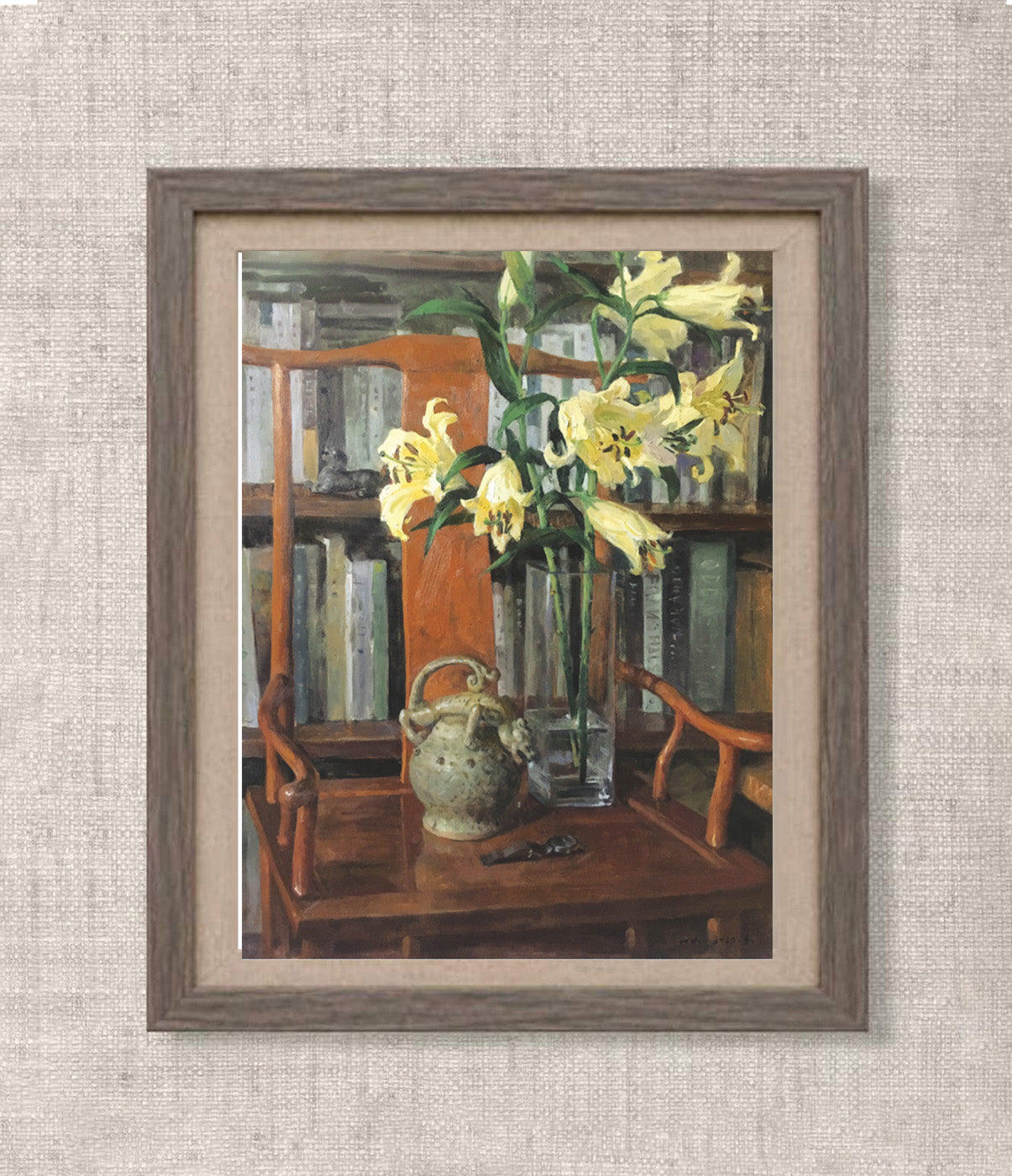 Original Still Life Oil Painting with Lilies, Books and Vintage Kettle
