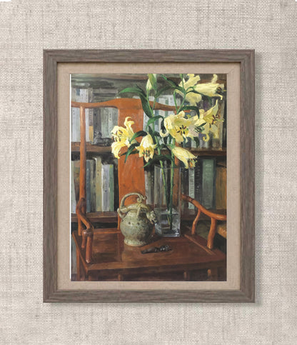 Original Still Life Oil Painting with Lilies, Books and Vintage Kettle
