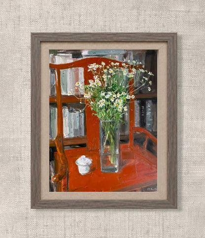 Still Life with White Flowers and Red Chair | Original Oil Painting