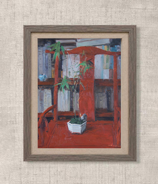 Original Interior Still Life Oil Painting – Red Chair and Bookshelf Wall Art