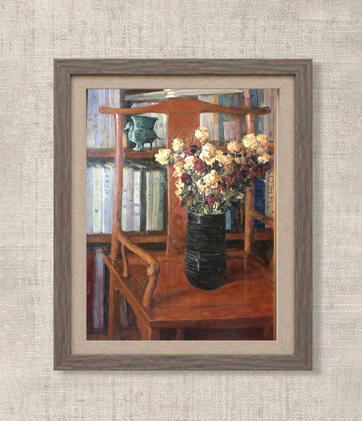 Still Life with Dried Roses and Bookshelf | Original Oil Painting