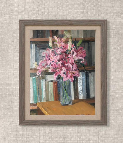 Original Pink Lily Still Life Oil Painting – Floral Vase Interior Wall Art