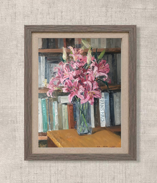 Original Pink Lily Still Life Oil Painting – Floral Vase Interior Wall Art