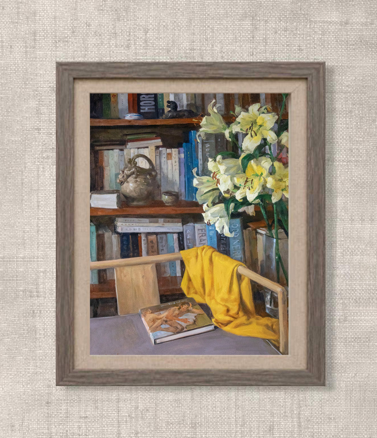 Interior Still Life with Flowers and Bookshelf | Original Oil Painting