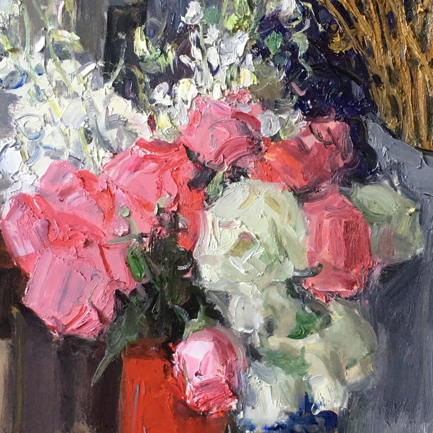 Pink and White Flowers with Gray Pitcher | Original Floral Still Life Oil Painting