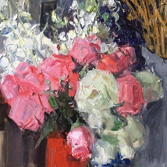 Pink and White Flowers with Gray Pitcher | Original Floral Still Life Oil Painting
