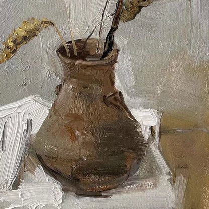 Original Minimal Still Life Oil Painting – Dried Grass in Ceramic Vase