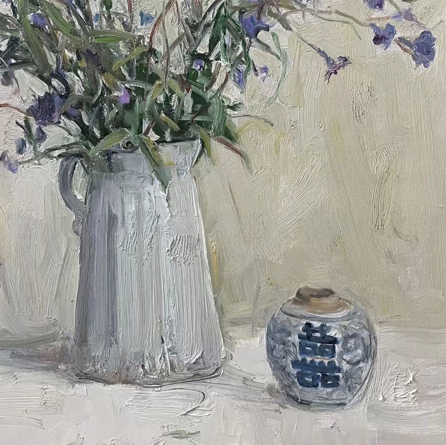 Still Life with Blue Flowers and Porcelain Jar | Original Oil Painting