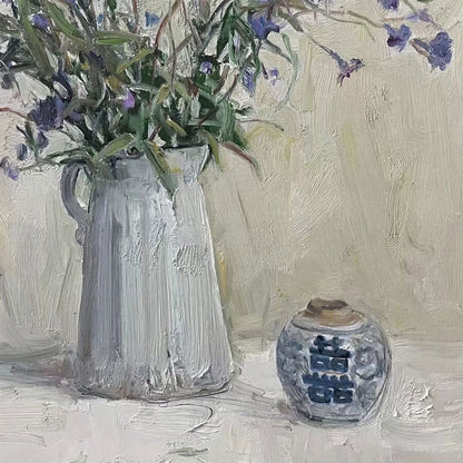 Still Life with Blue Flowers and Porcelain Jar | Original Oil Painting