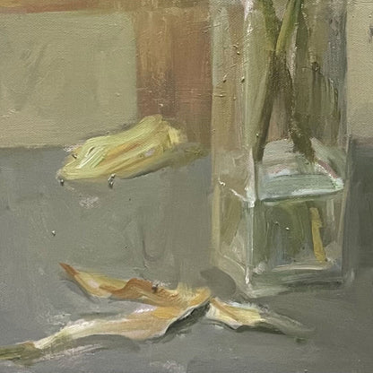 Lily Still Life Oil Painting | White Lilies in Glass Vase