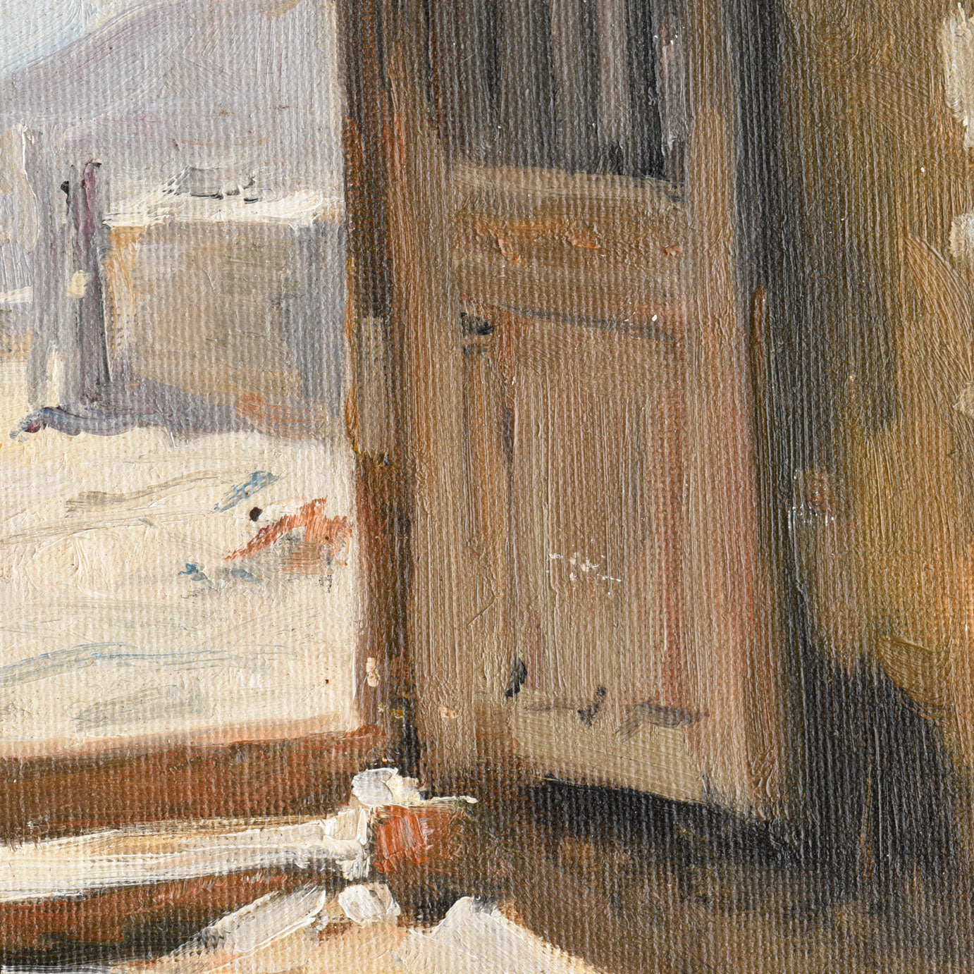 Original Oil Painting of a Sunlit Doorway – Interior Landscape Wall Art