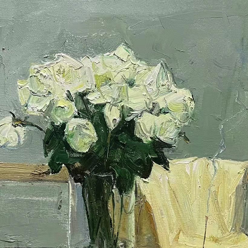 Interior Still Life with White Roses | Original Oil Painting