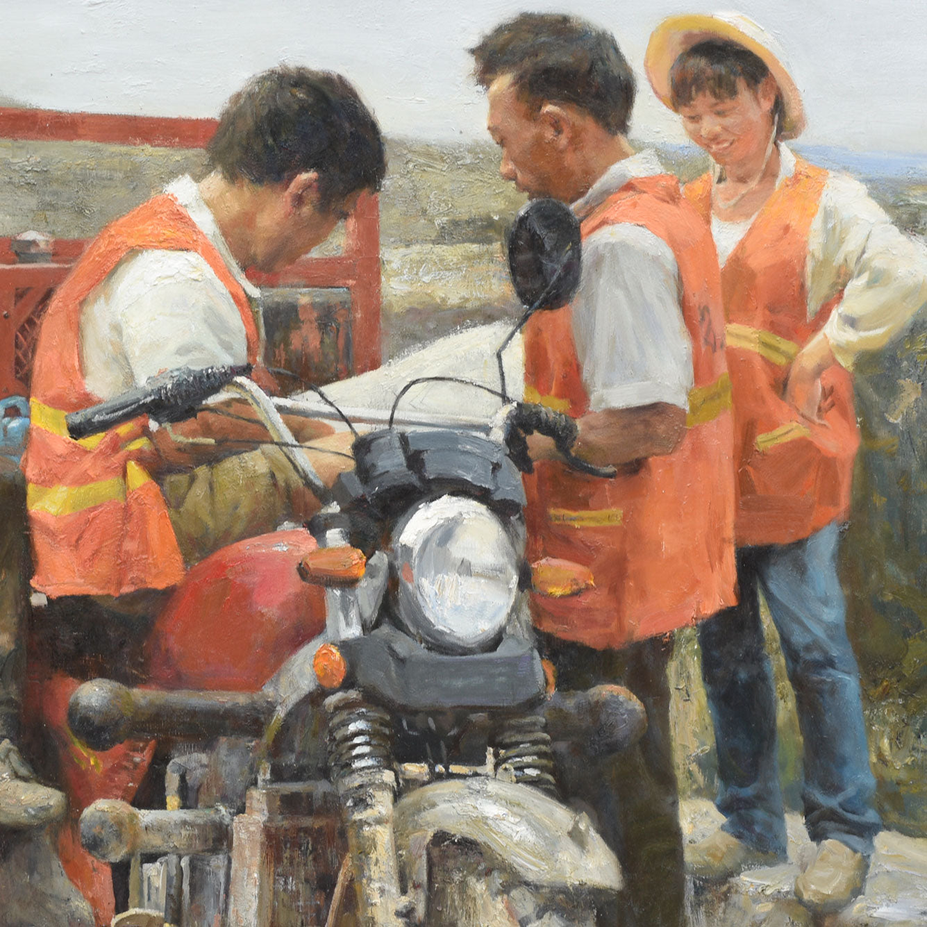 Original Figurative Oil Painting – Workers and Motorcycle Scene Wall Art